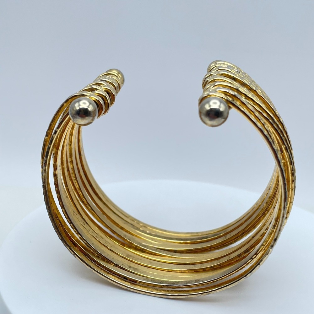 VTG Gold Tone Gladiator Wide Multi-Band Stacked Hammered Open Cuff Bracelet Boho - Picture 5 of 8